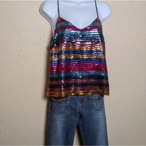 WAYF Rainbow Striped Sequin Cami Tank Top Size Large Festival Rave Party Y2K